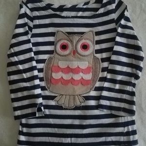 Girl's Owl Fabric Applique 3/4 Sleeve Striped Top